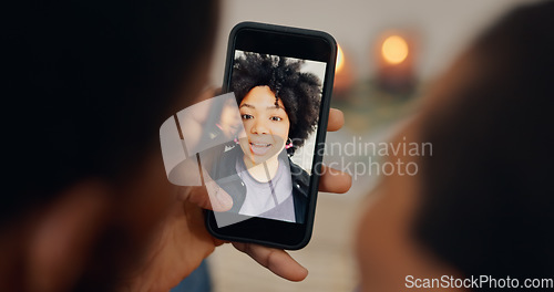 Image of Couple, screen and a phone for a video call with a woman for communication or marriage advice. Social media, home and people speaking to a consultant on a mobile for a conversation or contact