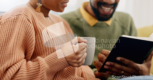 Image of Home, closeup and black couple with coffee, bible and reading with religion, hope or bonding together. Romance, apartment or man with woman, scripture or holy book with Christian, tea or conversation