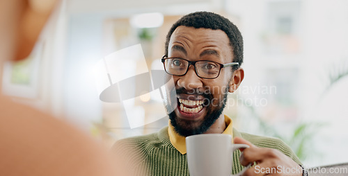 Image of Coffee, conversation and excited man at home on a living room sofa with a man and hot drink. Couple, tea and smile with communication and conversation together with love and support on a couch