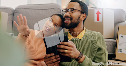 Image of Planning, black couple and a tablet for interior design of a new home and decoration inspiration. Moving, real estate and an African man and woman with a vision for apartment thinking with tech