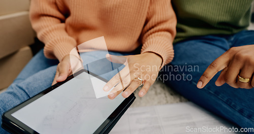 Image of Blueprint, pointing or tablet with couple by home, advertising or communication to review renovation plan. Married man, woman or fingers to digital touchscreen for technology, architecture or mockup