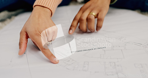 Image of Closeup, hands and couple with blueprint, teamwork and cooperation with planning, project and real estate. Development architecture and engineer with documents, collaboration and construction