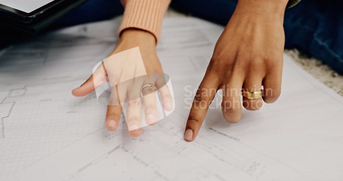 Image of Closeup, hands and couple with blueprint, cooperation or construction with planning, project or real estate. Man, architecture or engineer with documents, woman or conversation with planning or house