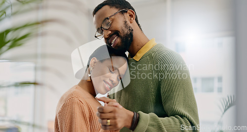 Image of Home, dancing and black couple with love, hug and romance with lens flare, smile and celebration. Romantic, man and woman with energy, relationship and embrace with support, anniversary and marriage