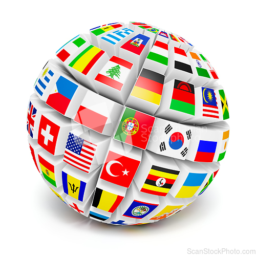 Image of 3D globe sphere with flags of the world on white