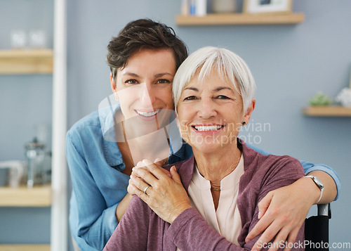 Image of I draw strength from my daughter. Cropped portrait of an attractive young woman hugging her happy senior mother while at home.