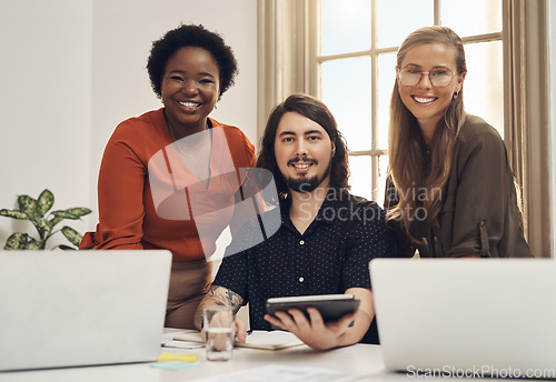 Image of Productivity thrives in a team who understand each other well. Portrait of a group of businesspeople working together in an office.