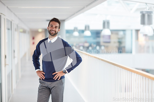 Image of Work hard until success is within your clutch. Portrait of a confident young businessman standing in an office.