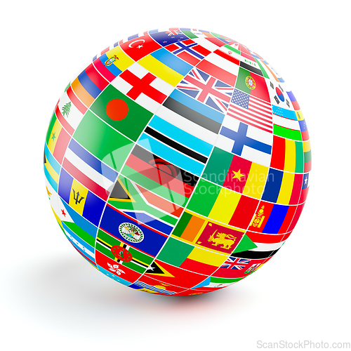 Image of 3D globe sphere with flags of the world on white
