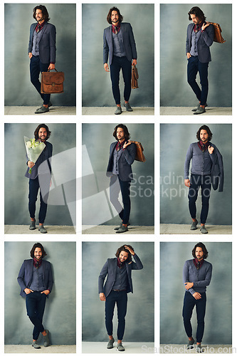 Image of Nine times the cool. Composite studio shots of a stylishly dressed handsome young man.