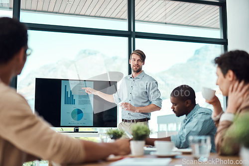 Image of Taking his team through the details. a young businessman giving a presentation to his colleagues in an office.