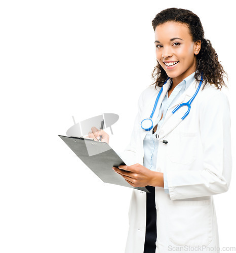 Image of Keeping track of your vitals. a young african doctor checking hr medical charts against a studio background.