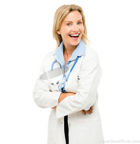 Image of Keeping my community safe and healthy. a mature female doctor posing against a studio background.