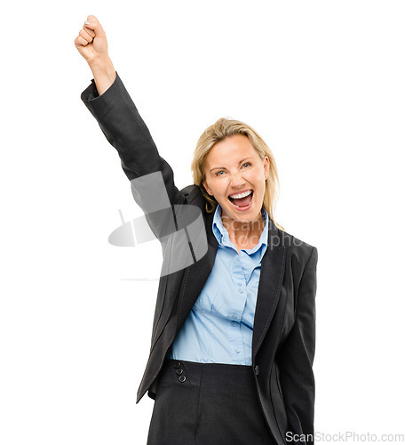 Image of Reaching for her goals. a mature businesswoman cheering against a studio background.