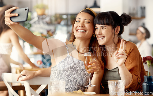 Image of Capturing special moments together. two friends taking selfies using a smartphone at a restaurant.
