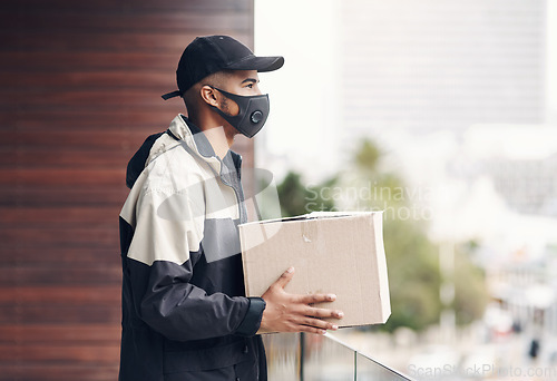 Image of Whatever your location, hell get your delivery to you. a masked young man delivering a package to a place of residence.