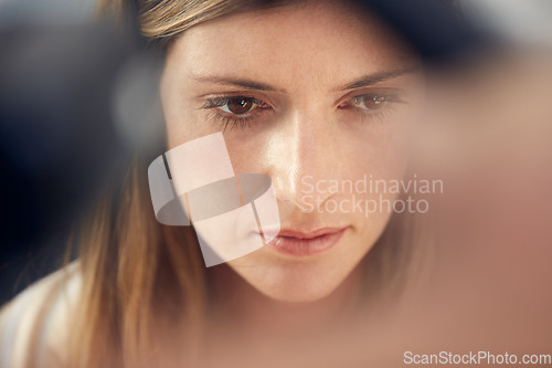 Image of I cant help but wonder...an attractive woman looking thoughtful at home.