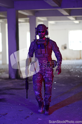 Image of A professional soldier undertakes a perilous mission in an abandoned building illuminated by neon blue and purple lights