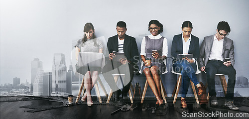 Image of These seats are for those on the shortlist. Full length shot of a group of young businesspeople waiting in line for their interviews.