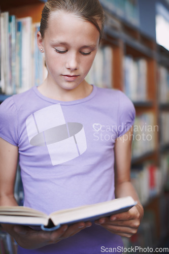 Image of Caught up in a grand story. A young girl engrossed by a good novel while at the library.