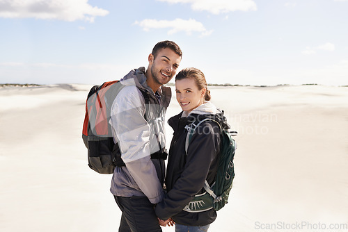 Image of Together they can take on anything. Portrait of a happy couple out on a hike together.