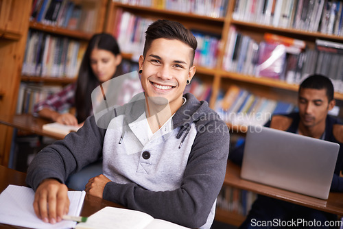Image of Hes such a diligent student. Cropped portrait of a handsome young student working diligently in his classroom.