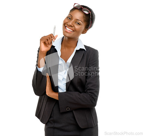 Image of Self belief works out best. Studio shot of a confident young businesswoman standing against a white background.