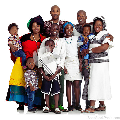 Image of One big happy family. Studio shot of a traditional african family isolated on white.