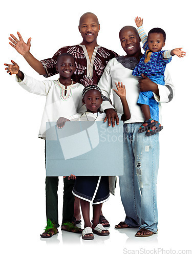 Image of A message for all types of families. Studio shot of two african men with their kids holding a blank board, isolated on white.