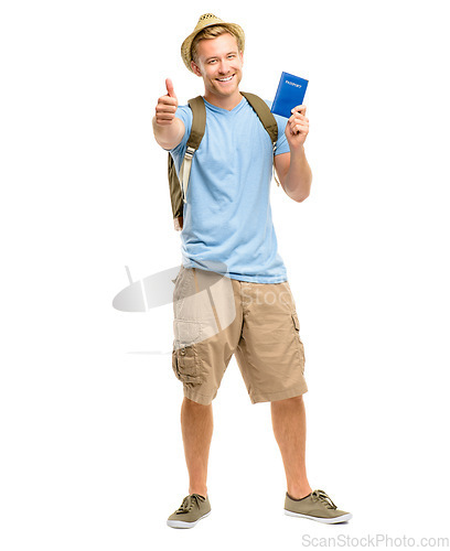 Image of Flights are back in business. Full length shot of a young tourist standing in the studio and showing a thumbs up while holding his passport.