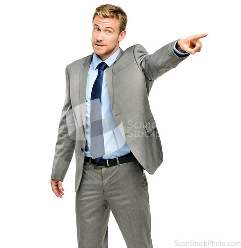 Image of Youre fired. a handsome young businessman standing alone in the studio and pointing in anger.