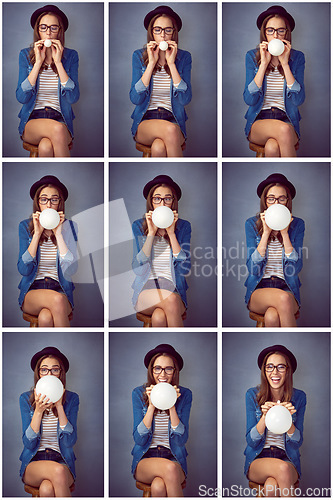 Image of Embrace your fun side. Composite shot of a fun-loving young woman blowing up a balloon in studio.