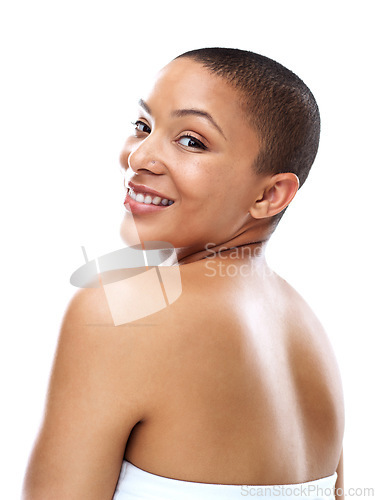 Image of She is happy to see you. Portrait of a beautiful young woman striking a pose against a white background.