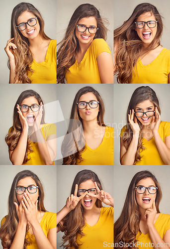 Image of React to that. Composite shot of an attractive young woman posing against a grey background.