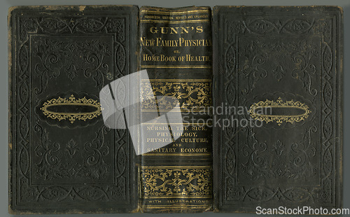 Image of Weathered and worn. An antique book open with its cover facing upwards.