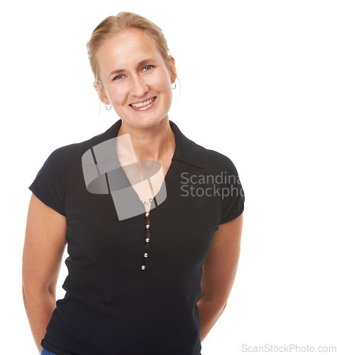 Image of Pure relaxed style. Studio shot of an attractive young woman isolated on white.