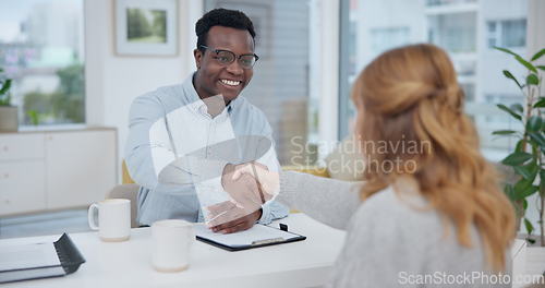 Image of Handshake, contract and consulting with lawyer and client for planning, signature or deal. Financial advisor, legal documents and agreement with black man and woman in law firm for life insurance