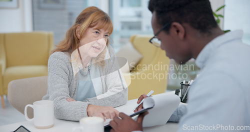 Image of Talking, results and woman with black man or doctor for healthcare, insurance or checklist. Wellness, consulting and a senior patient speaking to an African clinic worker with a document for surgery