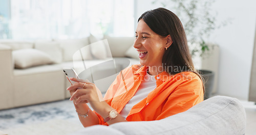 Image of Woman, relax on couch with smartphone and funny meme online with social media, communication and app at home. Comedy on the internet, laughing at chat and scroll website, reading blog and watch video