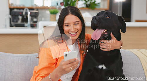 Image of Happy woman, dog and phone in home living room on sofa for care, hug and friends relax together. Couch, smartphone and person with pet animal bonding on social media, internet app and typing online