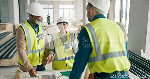 Image of Meeting, discussion and team of construction workers in collaboration for building renovation. Industry, civil engineering and group of contractors talking for project development planning on site.