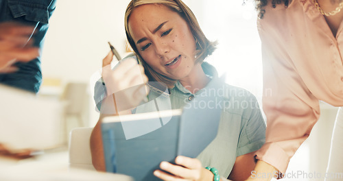 Image of Phone call, business and woman with multitasking, notebook and deadline with stress, agent and frustrated. Person, employee and administrator with workflow crisis, burnout and overworked with chaos