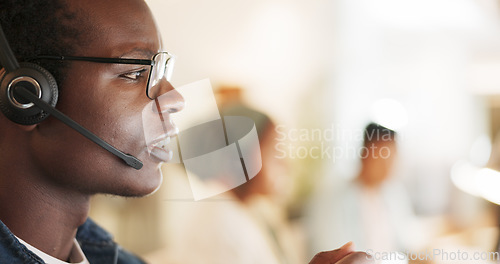 Image of Call center, consulting and space with black man in office for contact us, communication and customer service. Salesman, help desk and technical support with person in crm agency for agent mockup