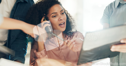 Image of Phone call, business and woman with multitasking, frustrated and pressure with agent, burnout and financial report. Person, employee and human resources with workflow crisis, overworked and stress