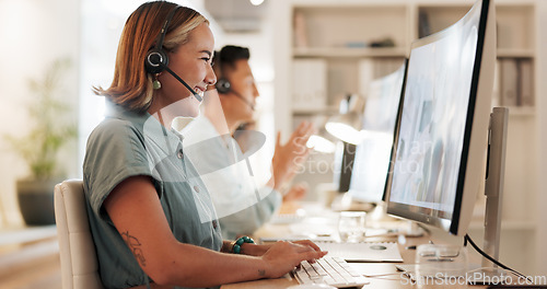 Image of Call center, consulting and laughing with woman in office for contact us, communication and customer service. Salesman, help desk and technical support with person in crm agency for telemarketing