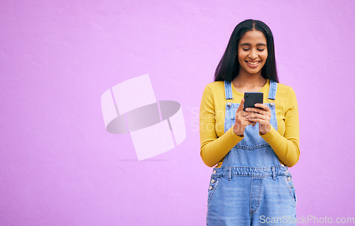 Image of Online, happy and space with woman and phone for network, social media and communication. Contact, post and technology with person on purple background for gen z, notification and mobile app mockup