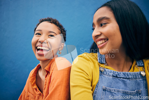 Image of Relax, friends and smile with women on wall background for teenager, youth and happy. Student, happiness and gen z with face of young girls in urban city for social, fashion and freedom together