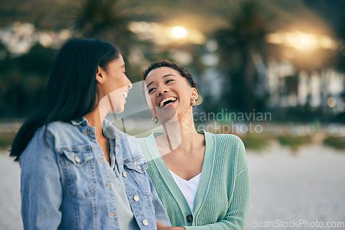 Image of Laughing, friends or gay couple with outdoor for travel walk, pride or date in Miami. LGBTQ or lesbian women, friends or people together for freedom, funny conversation or commitment to happy partner