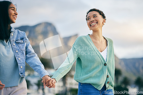 Image of Travel, gay couple and women friends outdoor with trust, freedom and pride on travel. LGBTQ or lesbian people holding hands for walk, romantic date and commitment to happy partner in South Africa