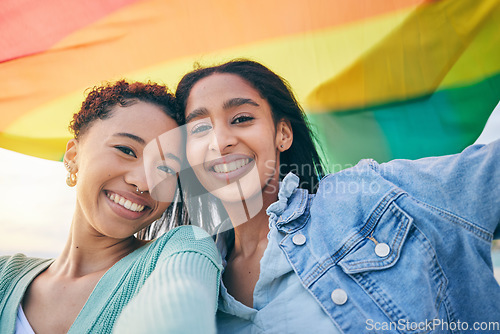 Image of Portrait, happy couple and lesbian with women in selfie, pride flag and lgbt relationship with happiness. Female people smile in picture, gen z youth and gay equality, support and trust with partner